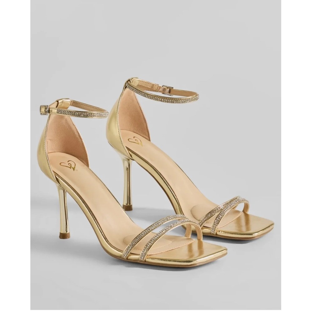 Windsor‎ Gold Metallic Rhinestone Square Toe Stiletto Ankle Strap Heels Size 8.5